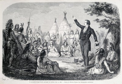 O Profeta Mórmon Joseph Smith pregando aos índios (América do Norte). Ilustração do século 19. de Unknown artist