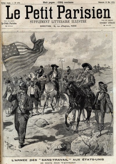 O exército "Sem Trabalho" nos Estados Unidos a caminho de Washington. Em abril ocorreram greves na Pensilvânia e Ohio e um exército de homens desempregados liderados por Jacob Coxey marchou até Washington para reivindicar trabalho. Gravura em "Le Parisien" de Unknown artist