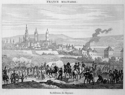 As tropas prussianas conquistaram aos franceses a cidade de Mainz (ou Mainz) na Alemanha, em julho de 1793. Gravura do século XIX. de Unknown artist