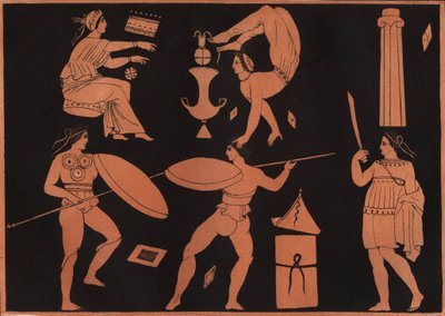 A dança Pyrrhichios (dança Pyrrhic) - gravura de "Usos e costumes de todos os povos do Universo". Ou melhor, História do Governo, Leis, Milícias, Religião de todas as Nações desde os Tempos Mais Rápidos até ao Dia de Hoje" 1856 de Unknown artist