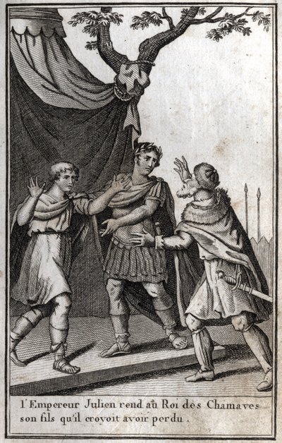 O Imperador Romano Juliano (Flávio Cláudio Juliano, Juliano o Apóstata, Juliano o Filósofo, Juliano II) (332-363) devolve ao rei do povo germânico dos Chamaves o seu filho que ele pensava ter perdido. Século IV. Gravura em "Beaute de l de Unknown artist