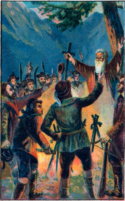 O Rutlischwur (juramento de Rutlischwur) - legendário juramento da antiga Confederação Suíça - Os três confederados suíços juram fidelidade a Ruetli - Le Oath du Grutli (Rutlischwur) (Patto del Grutli) mito fundador da Suíça em 1307 Cromolitografia do fim de Unknown artist