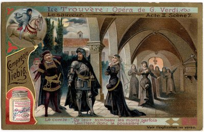 A cena 7.Ilustração da ópera "O achado" (Il trovatore) de Giuseppe Verdi (1813-1901). Cromolitografia (Chromo) Liebig do final do século XIX. de Unknown artist