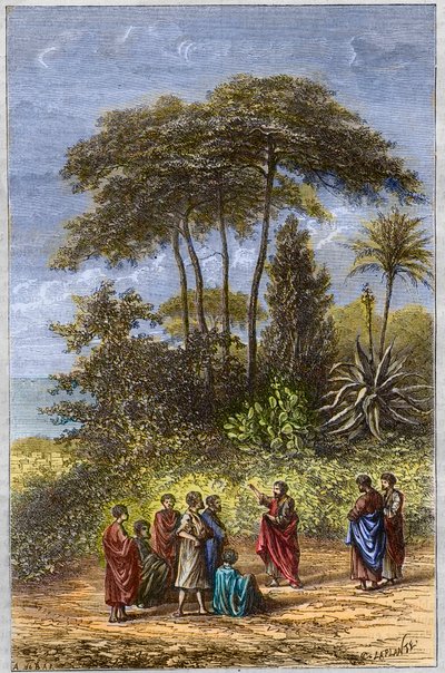 A Escola de Pitágoras - Pitágoras entre seus alunos em Crotona - gravura de 1879 - O filósofo Pitágoras e seus discípulos sob o sombreado de Crotone, gravura de 1879 de Unknown artist