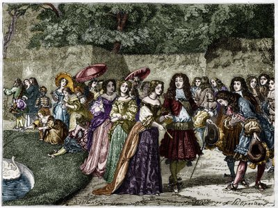 O Rei Sol (Luís XIV, nos jardins de Versalhes, rodeia o seu pátio). Gravura do século XIX. de Unknown artist