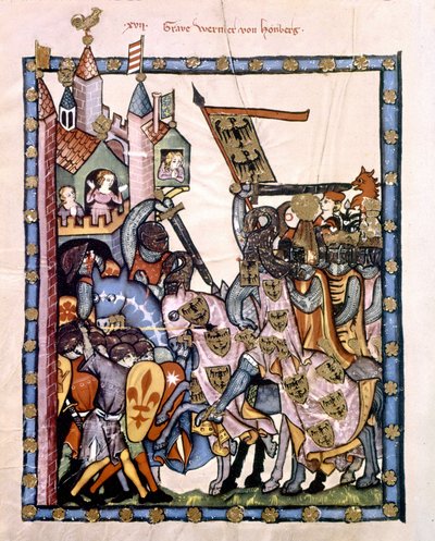 O poeta e cavaleiro suíço Graf Werner von Homberg (1284-1320) ao serviço do Imperador Henrique VII sitiou um bastião defendido pelas tropas angevinas da Sicília. Miniatura do Codex "Manesse", ou "Manessesche Liederhandschrift", pelo qual é um manuscrito de Unknown artist