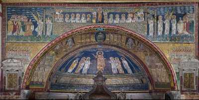 A Visão de Jerusalém Celestial: Os Eleitos são recebidos pelos anjos. Abaixo, o cordeiro de Deus. Detalhe. Mosaico por volta de 830. Arco Triunfal da Basílica de Santa Prassede, Roma. de Unknown artist