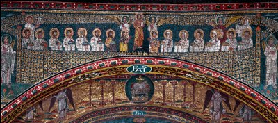 A Visão de Jerusalém Celestial: Os Eleitos são recebidos pelos anjos. Abaixo, o cordeiro de Deus. Detalhe. Mosaico por volta de 830. Arco Triunfal da Basílica de Santa Prassede, Roma. de Unknown artist