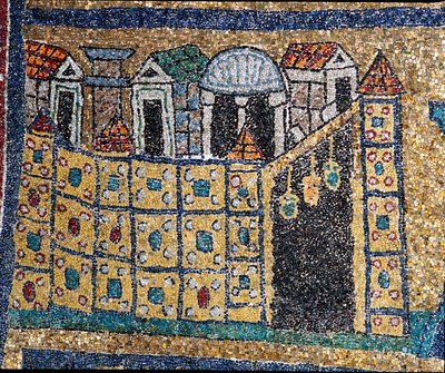 A Visão de Jerusalém Celestial: detalhe de Jerusalém representado em citação fortificada. Mosaico por volta de 830. Arco Triunfal da Basílica de Santa Prassede, Roma. de Unknown artist