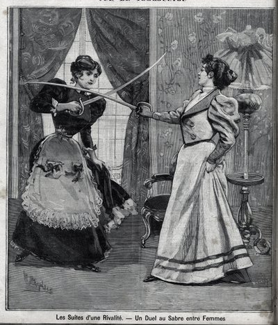 O rescaldo de uma rivalidade: um duelo de espadas entre mulheres. A gravura em "Le Parisien". de Unknown artist