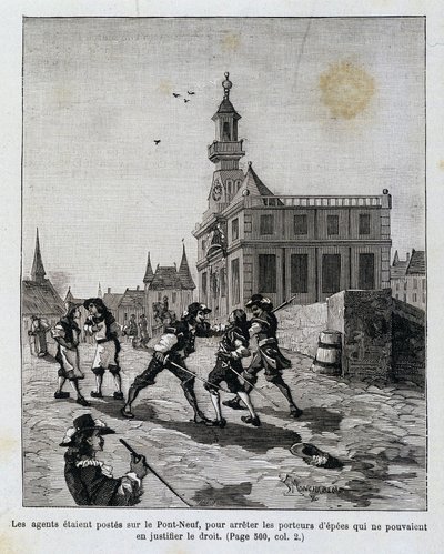 Os agentes foram colocados na Pont Neuf, para deter aqueles que não podiam justificar o seu direito. de Unknown artist