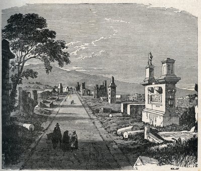 A antiga rota dos Ápia, via appia atravessando os pântanos dos pontinos (Agro pontino) perto de Roma. Gravura do século XIX. de Unknown artist