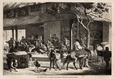 A animação de uma casa e as atividades da rua. Gravura para ilustrar a viagem ao Japão, em 1863-1864, de Aime Humbert, ministro da Confederação Suíça, no "Le tour du monde, nouveau journal des voyages" publicado sob a direção de Unknown artist
