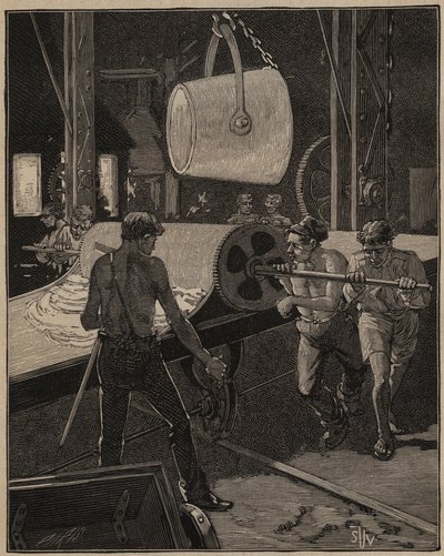 A arte do vidro: fazer sorvete. O passo chamado "o grande fluxo". Gravura de 1885 em "Les arts et metiers illustres" de Adolphe BITARD. de Unknown artist