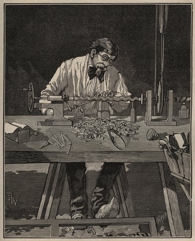 A arte do torno: facetamento de uma coluna de tronco. Gravura de 1885 em "Les arts et metiers illustres" de Adolphe BITARD. de Unknown artist