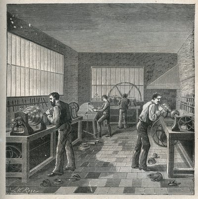 A arte do torno: trabalho em metal em uma oficina de um turnner-repeller. Gravura de 1885 em "Les arts et metiers illustres" de Adolphe BITARD. de Unknown artist