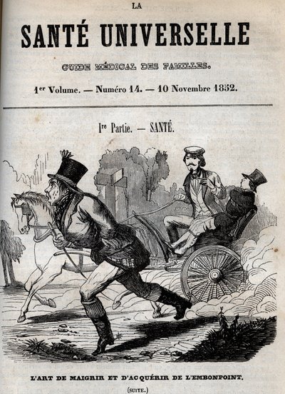 A arte de perder peso e ficar acima do peso: um homem caminha enquanto outro é transportado numa carruagem - gravação em "La Sante Universelle - Guide Medical des Familles" 1852 de Unknown artist