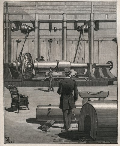 A arte do tour: disparar um canhão de monstros de aço. Gravura de 1885 em "Les arts et metiers illustres" de Adolphe BITARD. de Unknown artist