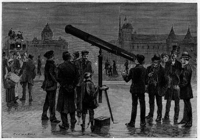 O astrônomo e sua luneta astronômica na Place du Chatelet, em Paris, na época das observações do planeta Vênus, em fevereiro de 1889. Gravura em "La Nature". Revue des sciences et de ses applications aux arts et a l