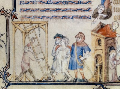 "A balada dos enforcados". Miniatura que ilustra o poema de François de Moncorbier dit Villon (1431/1432-1463). Século XV (miniatura) de Unknown artist