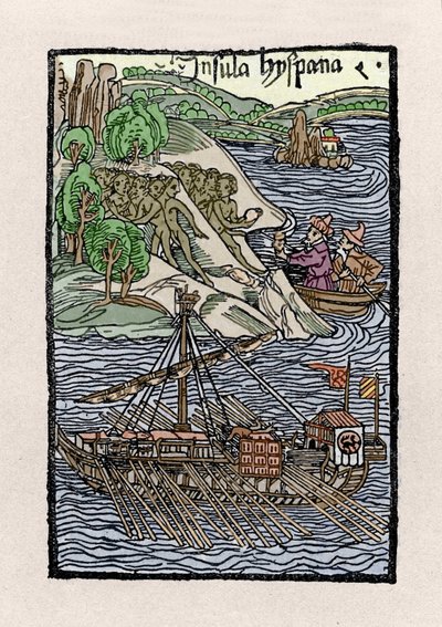 O latido na Hispaniola de Cristóvão Colombo (1451-1506). Gravura de "De insulis in mare Indico super inventis", Bale 1493-1494 (tradução latina do relatório de Colombo ao Rei de Espanha). de Unknown artist