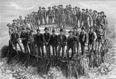 A base da "Sequoia Gigantea" destina-se ao Museu Americano de História Natural de Nova Iorque (Nova Iorque), com os 52 trabalhadores que trabalharam para a sua demolição (depois de uma fotografia). Gravura em "La Nature: Revue des sciences et de leurs appl de Unknown artist