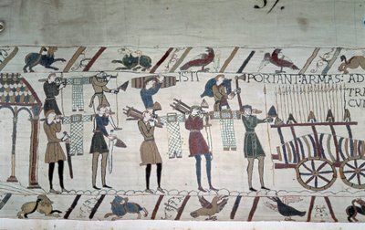 A batalha entre os infantaria ingleses (tropas de Harold) e os normandos a cavalo (tropas de Guillaume) - Tapeçaria Bayeux, conhecida como Bordado da Rainha Mathilde de Unknown artist