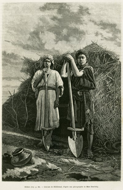 Os bildars, proprietários de uma beche, são encarregados de cavar os esgotos dos campos de trigo da região de Karoun. Gravura para ilustrar a história La Perse, la Chaldee et la Susiane de Jane Delafoy (1851-1916), oficial da academia, in le tour du monde  de Unknown artist