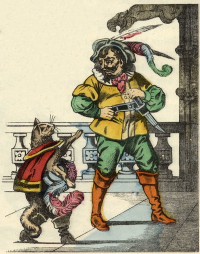 O gato das botas encontra o ogre. Ilustração do conto "The cat botte", de Charles Perrault de Unknown artist