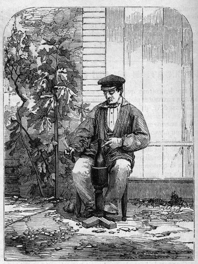 O engarrafamento do vinho Champagne. Gravura a partir de 1864. de Unknown artist
