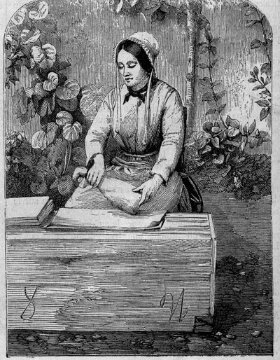 O engarrafamento do vinho Champagne. Gravura a partir de 1864. de Unknown artist