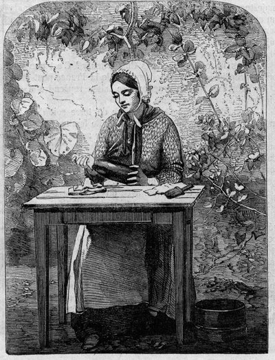 O engarrafamento do vinho Champagne. Gravura a partir de 1864. de Unknown artist