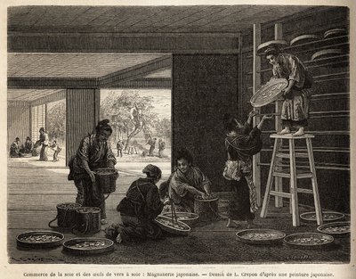 A criação e o comércio de casulos de vermes da seda: uma magnetização para a sericultura, tendo como pano de fundo o cultivo de muriers, indispensável para alimentar o bombyx. Gravura para ilustrar a viagem ao Japão, de Aime Humbert, ministro da Confederaç de Unknown artist