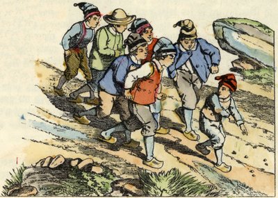 Os irmãos seguem o Little Poulet que semeou seixos brancos no caminho. Ilustração do conto "Le Pepetit Poucet", de Charles Perrault de Unknown artist