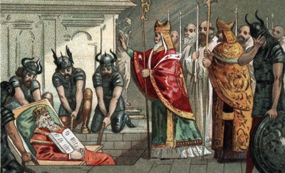 O enterro de Carlos Magno em 814, na catedral de Aachen, na Alemanha. Cromolitografia do final do século XIX. de Unknown artist