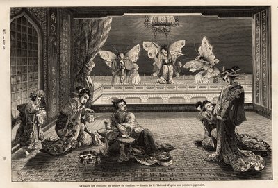 O balé borboleta no Teatro Gankiro, no Distrito do Prazer Miyozaki, em Yokohama. Gravura para ilustrar a viagem ao Japão, de Aime Humbert, ministro da Confederação Suíça, em 1863-1864, publicada em "le tour du monde", sob o de Unknown artist