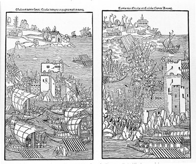 A captura de Rodes pelos turcos em 1522. Os turcos atacam a fortaleza de São Nicolau. Xilogravura. de Unknown artist