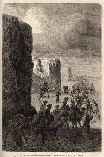 A caravana dos Hajis (pelerinas muçulmanas) em Korantaghi (Pérsia, Irão). Desenho de Emile Bayard (1837-1891), para ilustrar a viagem à Ásia Central, em 1863, de Arminius Vambery (cientista húngaro disfarçado em dervixe). Gravura em "Le tour du mond de Unknown artist