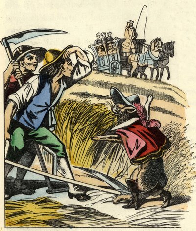 O gato obriga os camponeses a dizer que o campo em que cortam o trigo pertence ao Marquês de Carabas. Ilustração do conto "O fundo do gato", de Charles Perrault de Unknown artist