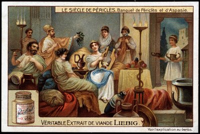 O século de Péricles (495-429 AC): banquete de Péricles e Aspasie (470-400 AC) - Cromolitografia de Liebig de Unknown artist