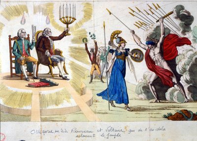 O século dos Lumieres: os filósofos Jean Jacques Rousseau e Voltaire, do passado para o passado, iluminam o povo - alegoria de Unknown artist