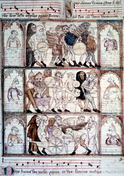 A festa de charivari para o casamento de Fauvel. Procissão de músicos e travestis. Miniatura do manuscrito "Le roman de fauvel" de Gervais du Bus (Gerves du Bus) de Unknown artist