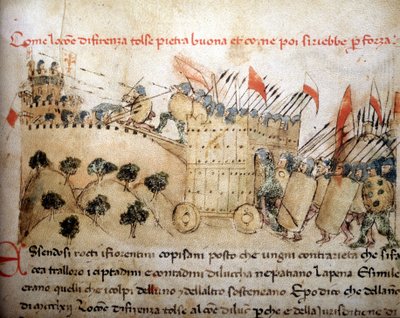 A cidade de Florença conquistou Pietrabuona, que os habitantes de Lucca mais tarde assumiram - em "Croniche del Sercambi", por volta de 1400. Arquivo Nacional, Lucca. de Unknown artist