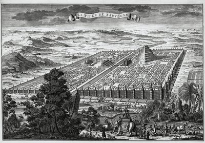 As muralhas da cidade de Babilónia que rodeiam os jardins suspensos e a torre de Babel... de Unknown artist
