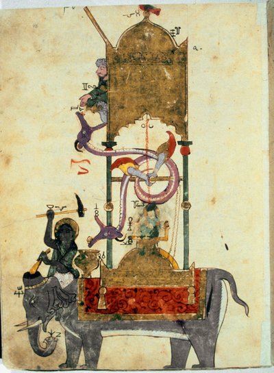 O clepsydra tem o elefante Esta é uma invenção muçulmana medieval que consiste num relógio de água em forma de elefante concebido pelo engenheiro turco Ibn al-Rajjaj al-Jazari (Al Rajjaj Al Jazari) (1136-1206) por volta de 1200. Invenção concebida pelo mot de Unknown artist