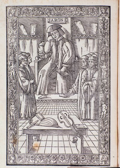 O compositor e teórico musical Pietro Aaron como cadeira entre seus alunos. Ilustração de Toscanello em musica de Unknown artist