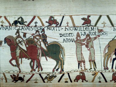 A conquete da Bretanha pelo Duque da Normandia Guilherme o Conquistador (1027-1087): à esquerda o duque recebe as chaves da cidade de Dinan, à direita faz um cavaleiro Haroldo, enviado pelo rei inglês Eduardo o Confessor Detalhe da tapeçaria de de Unknown artist