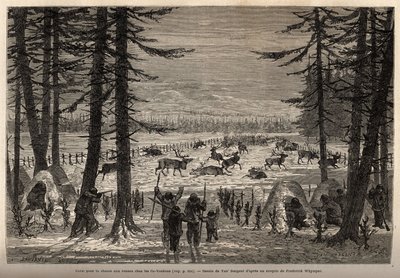 O coral para a caça de renas no Co-Yukon (co-Yukon ou co-Youkouk) (tribo indígena do extremo norte do Canadá). Gravura para ilustrar a viagem e as aventuras na Colômbia inglesa, Ilha Vancouver e Alasca, de Frederick Whymper de Unknown artist