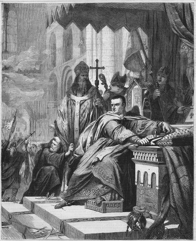A coroação de Guilherme I, o Conquistador (1027 a 1087) em 1066. Duque da Normandia (1035 - 1087) e Rei de Inglaterra (1066 - 1087). A gravura do século XIX. de Unknown artist