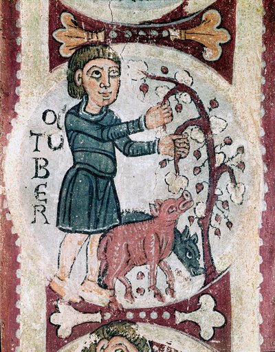 O ciclo de meses: Outubro: a colecção de bolotas. Pormenor de um fresco do século XII do Panteão Real da Real Colegiata de San Isidoro (Real Collegiale de Saint Isidore). Leão. de Unknown artist